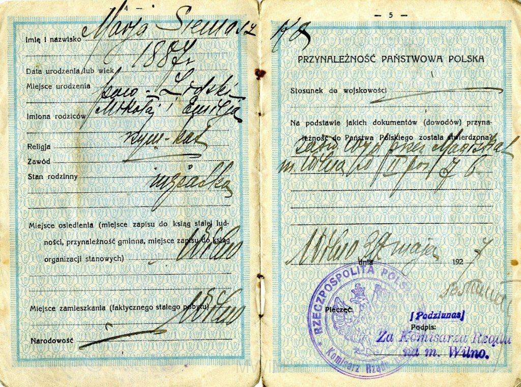 KKE 4601-3.jpg - Dok. Dowód Osobisty. Maria Siemaszko (z domu Sakowicz, ur. 1887 r.), Wilno, 30 V 1927 r.